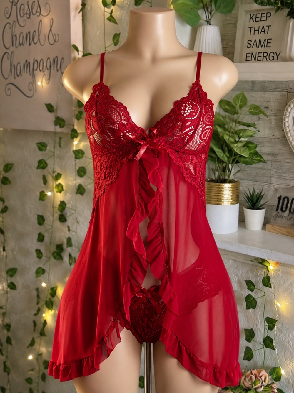 Red Lace Ruffle Babydoll Chemise - Women Intimates & Sleepwear